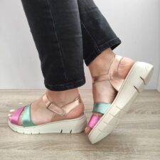 Sandale Casual Dama  Fr-404 Roz Cu Verde Metalic Si Bej - Roz -