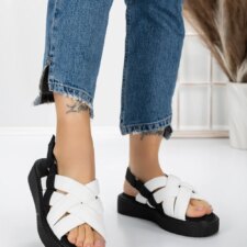 Sandale Dama cu Talpa Joasa 5H17 Alb-Negru | Mei