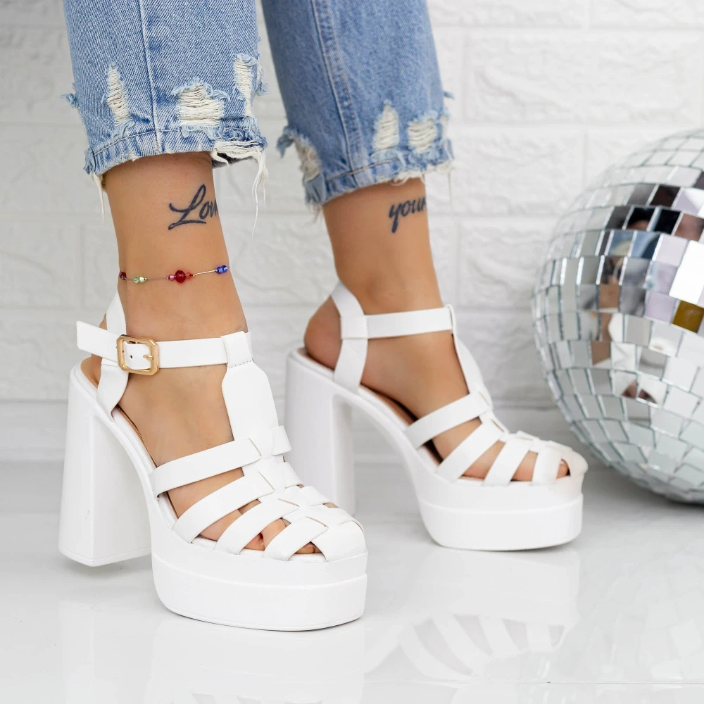Sandale Dama cu Toc gros si Platforma TN-39 Alb Botinelli 1 Sandale Dama cu Toc gros si Platforma TN-39 Alb Botinelli