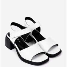 Sandale albe din piele naturala cu toc gros