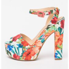 Sandale cu imprimeu floral si toc masiv