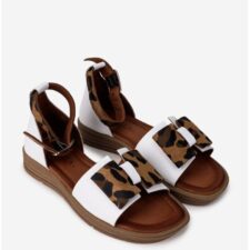 Sandale dama albe din piele cu funda maro