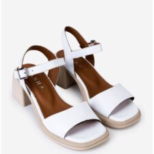 Sandale dama albe din piele cu varful patrat