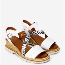 Sandale dama albe din piele naturala cu imprimeu