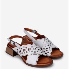 Sandale dama albe din piele naturala cu perforatii si toc mic