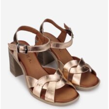 Sandale dama aurii roze din piele naturala cu toc