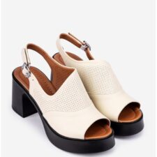 Sandale dama bej din piele cu toc gros si platforma