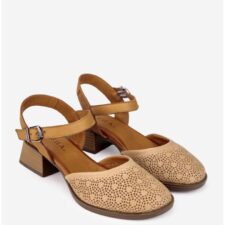 Sandale dama bej din piele naturala cu bareta maro