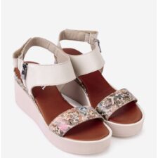 Sandale dama bej din piele naturala cu imprimeu multicolor