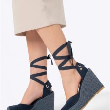 Sandale dama  bleumarin - cu platforma - inchidere cu curea si siret - sintetic