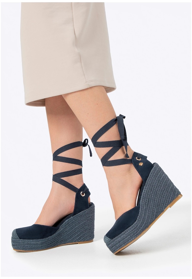 Sandale dama bleumarin - cu platforma - inchidere cu curea si siret - sintetic 1 Sandale dama bleumarin - cu platforma - inchidere cu curea si siret - sintetic