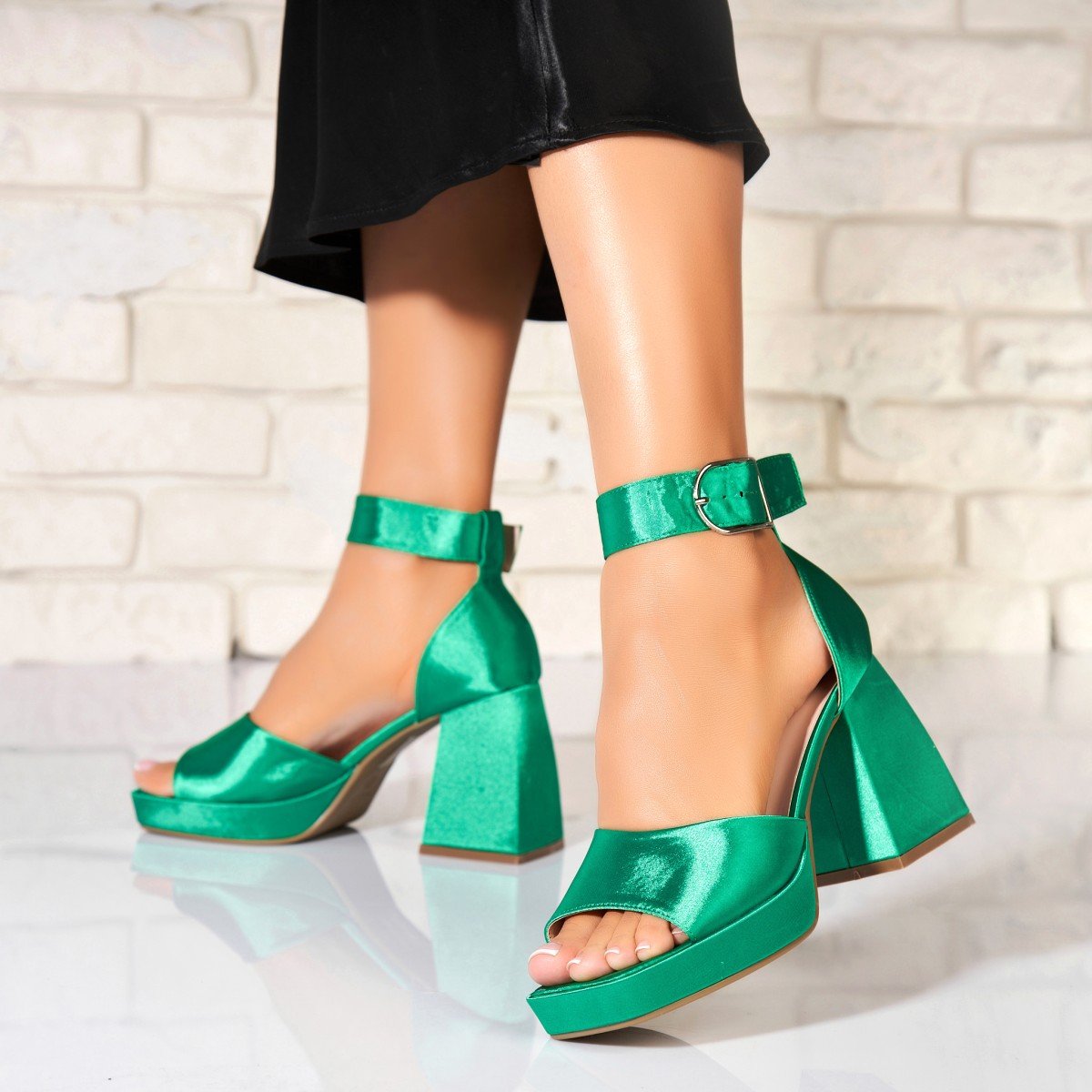 Sandale dama cu Toc Verzi din Satin Loza 1 Sandale dama cu Toc Verzi din Satin Loza