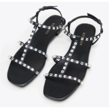 Sandale dama  cu cristale - negre - piele naturala - toc plat