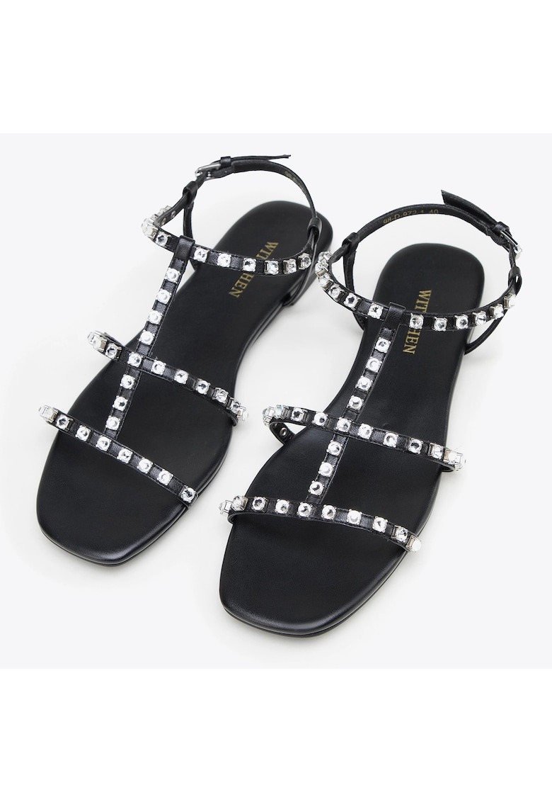 Sandale dama cu cristale - negre - piele naturala - toc plat 1 Sandale dama cu cristale - negre - piele naturala - toc plat