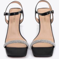 Sandale dama -  cu toc - banda stralucitoare - negru - piele naturala/sintetic