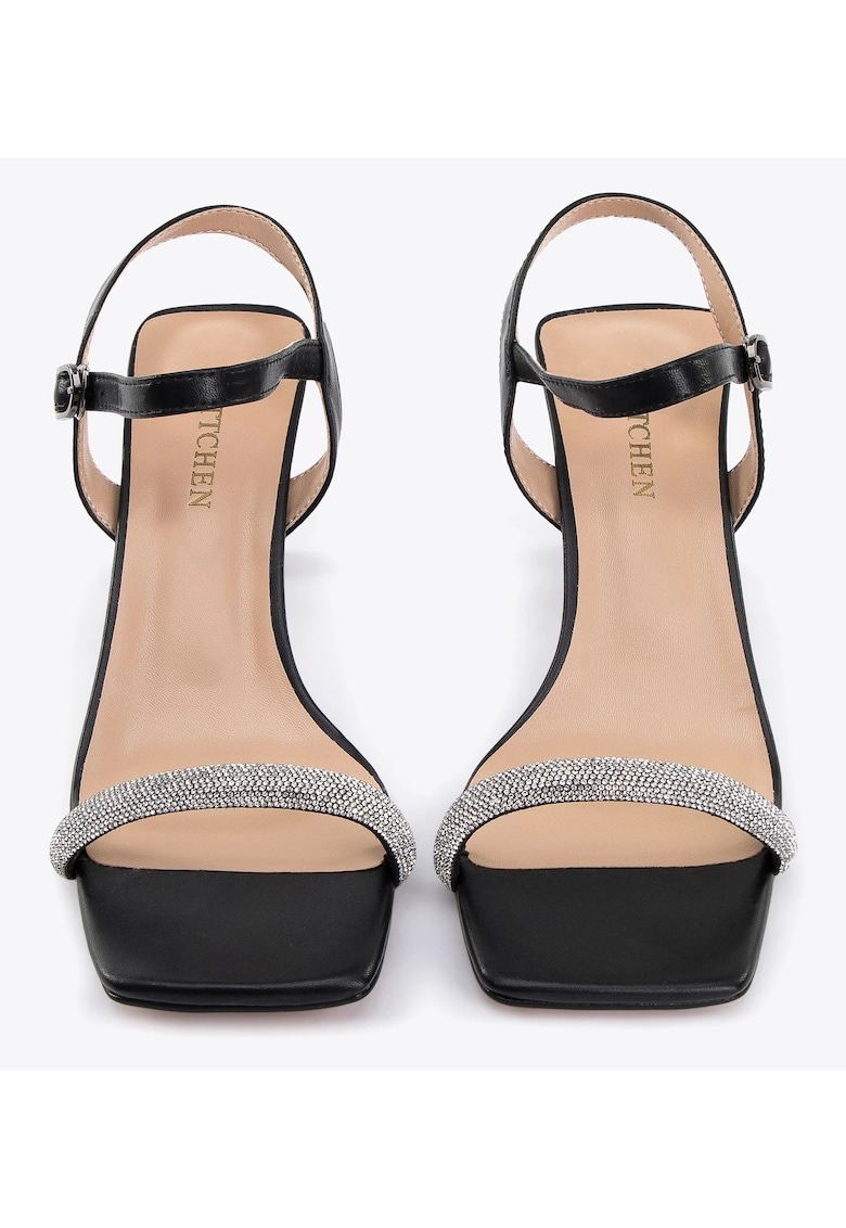 Sandale dama - cu toc - banda stralucitoare - negru - piele naturala/sintetic 1 Sandale dama - cu toc - banda stralucitoare - negru - piele naturala/sintetic