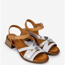 Sandale dama din piele alba cu argintiu si bareta maro