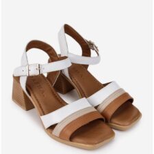 Sandale dama din piele alba cu detalii maro si bej