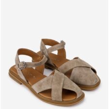 Sandale dama din piele intoarsa bej cu decupaje