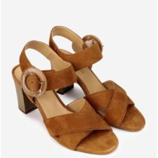 Sandale dama din piele intoarsa maro cu toc