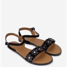Sandale dama din piele intoarsa neagra cu ornament flori
