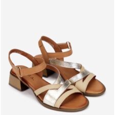 Sandale dama din piele maro cu bej si auriu