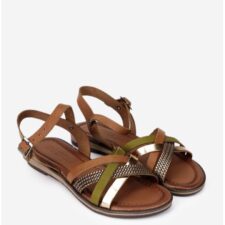 Sandale dama din piele maro cu detalii colorate