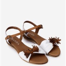 Sandale dama din piele naturala alba cu maro