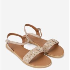 Sandale dama din piele naturala bej cu ornament flori
