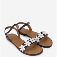 Sandale dama din piele naturala neagra cu ornament flori albe