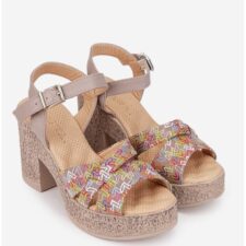 Sandale dama din piele taupe cu imprimeu colorat si platforma