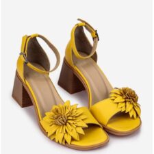 Sandale dama galbene  din piele cu ornament floare