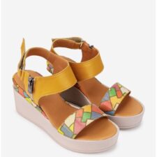 Sandale dama galbene din piele naturala cu detalii colorate