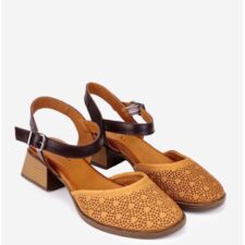 Sandale dama maro deschis din piele cu bareta maro inchis