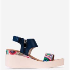 Sandale dama navy din piele cu imprimeu geometric colorat