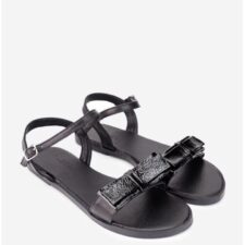 Sandale dama negre din piele cu funda