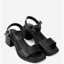 Sandale dama negre din piele cu varful patrat