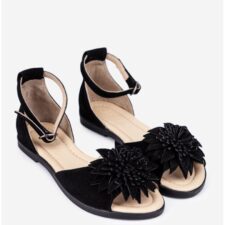 Sandale dama negre din piele intoarsa cu detaliu floare