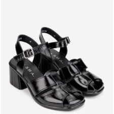 Sandale dama negre din piele lacuita cu toc