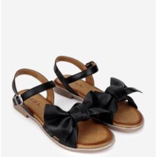 Sandale dama negre din piele naturala accesorizate cu funda