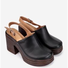 Sandale dama negre din piele naturala cu bareta maro