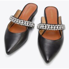 Sandale dama  piele naturala - banda cu cristale - varf ascutit - negru