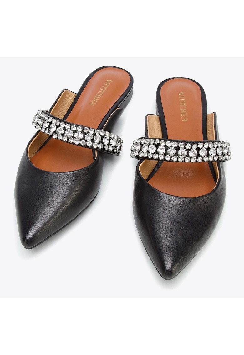 Sandale dama piele naturala - banda cu cristale - varf ascutit - negru 1 Sandale dama piele naturala - banda cu cristale - varf ascutit - negru