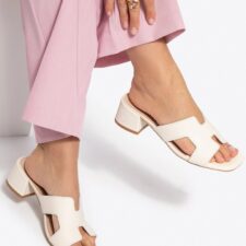 Sandale dama  piele naturala - decupaj geometric - toc gros - bej