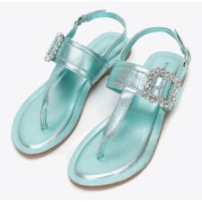 Sandale dama -  piele naturala - design elegant - albastru - toc plat