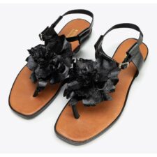 Sandale dama  piele naturala - flori decorative - varf patrat - negru