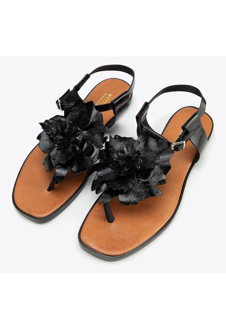 Sandale dama piele naturala - flori decorative - varf patrat - negru 1 Sandale dama piele naturala - flori decorative - varf patrat - negru