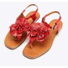 Sandale dama  piele naturala - flori decorative - varf patrat - rosu