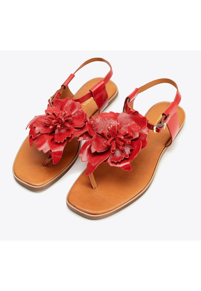 Sandale dama piele naturala - flori decorative - varf patrat - rosu 1 Sandale dama piele naturala - flori decorative - varf patrat - rosu