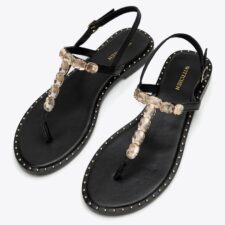 Sandale dama  piele naturala - negru - tocul plat